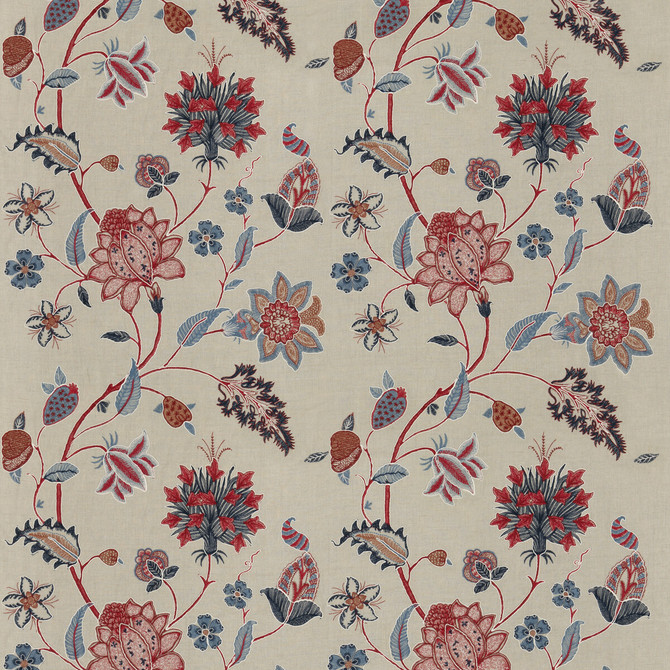 G P & J Baker Fabric Baker'S Indienne Embroidery Indigo/Red KESWICK EMBROIDERIES LINEN - 61%;VISCOSE - 21%;POLYESTER - 18% India Horizontal: 25.216 and Vertical: 30.732 50.432 - My Fabric Connection -