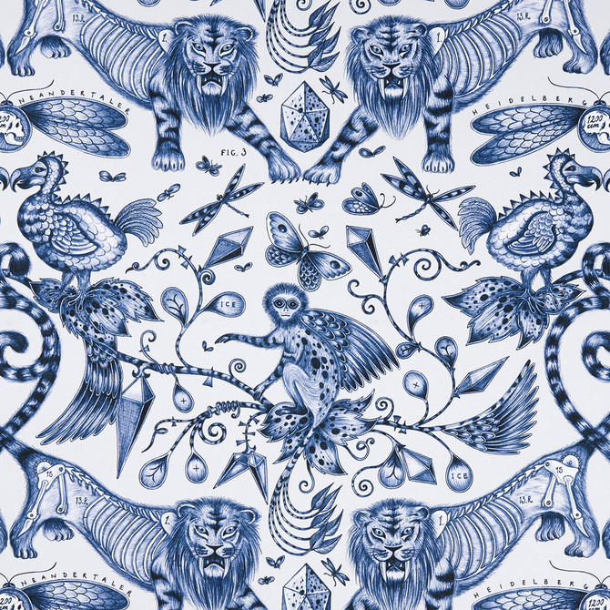Clarke And Clarke Fabric Extinct Blue ANIMALIA BY EMMA J SHIPLEY FOR C&C COTTON - 100% United Kingdom HEAVY Horizontal: 27.17 and Vertical: 22.24 54 - My Fabric Connection -