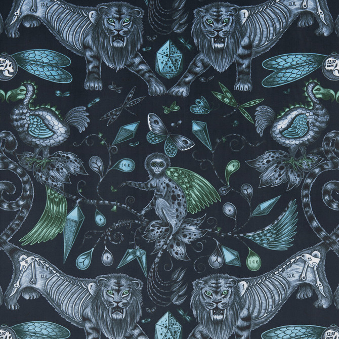 Clarke And Clarke Fabric Extinct Velvet Navy ANIMALIA BY EMMA J SHIPLEY FOR C&C POLYESTER - 100% Spain HEAVY Horizontal: 27.17 and Vertical: 22.24 54 - My Fabric Connection -