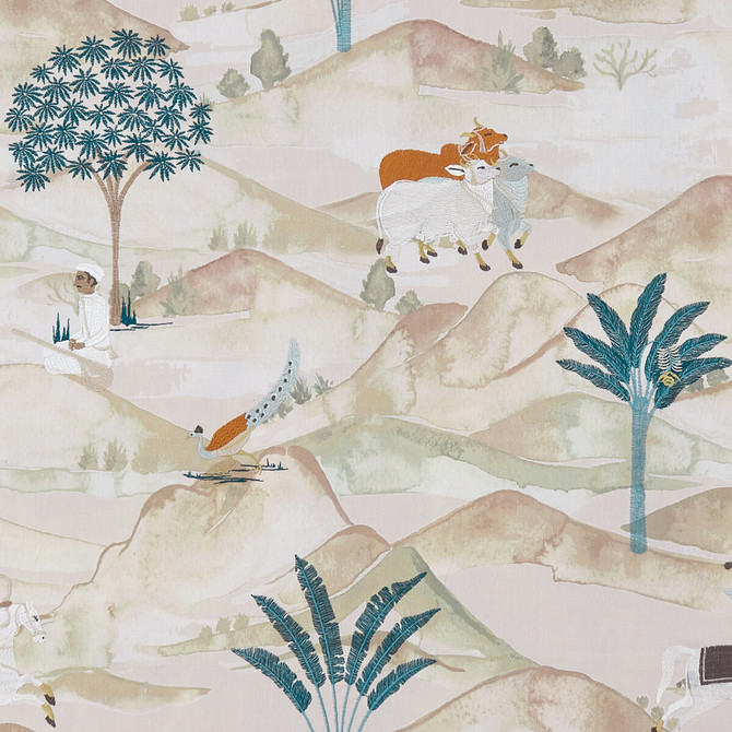 Clarke And Clarke Fabric Sahara Teal/Spice CLARKE & CLARKE PRINCE OF PERSIA COTTON - 85%;VISCOSE - 15% India Horizontal: 24.813 and Vertical: 25.813 51.625 - My Fabric Connection -