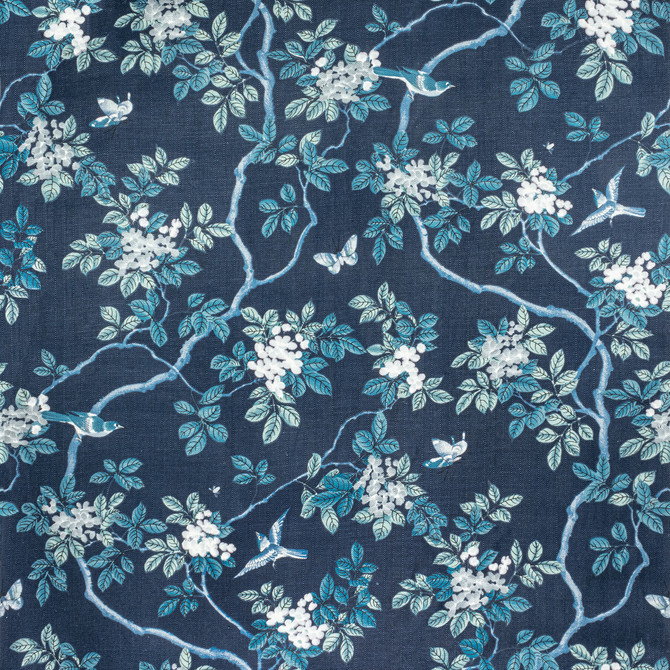 Bassett Mcnab Fabric 7814-44 Birds And Butterfly Herringbone Riptide BASSETT MCNAB ORIGINS 100%LIN USA Horizontal: 48 and Vertical: 49 48 in - My Fabric Connection -