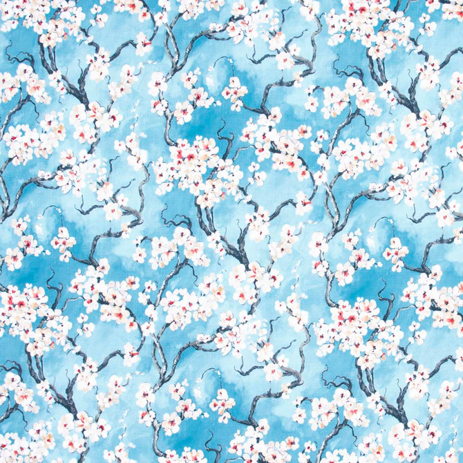 Carole Fabric Cherry Blossom Azure Red Sea 100% Polyester India 50,000 Wyzenbeek Double Rubs Horizontal: 27.375 and Vertical: 25.25 56 - My Fabric Connection -