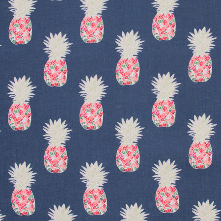 Carole Fabric Happy Pineapple Navy Bluebird 95% Polyester, 5% Linen China Passes 50,000 Double Rubs Wyzenbeek Horizontal: 8 3/4" and Vertical: 10 1/2" V 58" - My Fabric Connection -