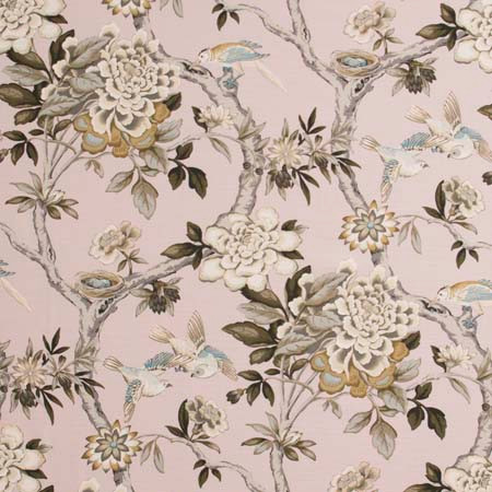 Carole Fabric Bird Sanctuary Blush Pink Jade 100% Cotton- SSR Peru 25,000 Wyzenbeek Double Rubs Horizontal: 13 1/2" D and Vertical: 25 1/4" V 54" - My Fabric Connection -