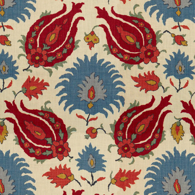 Brunschwig & Fils Fabric Kashmiri Linen Print Pomegranate/Blue Fabric LINEN - 100% France LIGHT </p><p>Repeat: H: 26.77, V: 28.35 53.54 - My Fabric Connection -