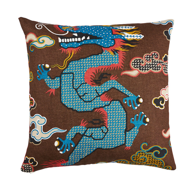 Schumacher Pillow Magical Ming Dragon 20" Brown & Blue Pillow JOHNSON HARTIG FOR LIBERTINE 50% Cotton, 45% Linen 20 - My Fabric Connection -