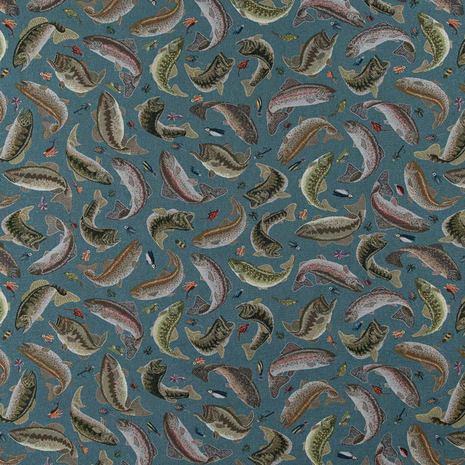 Charlotte Fabric D2679 Fishing Aqua Novelty Tapestry 62% Cotton, 38% Polyester Made In USA Exceeds 100,000 Wyzenbeek Rubs </p><p>Repeat: Horizontal 48" x Vertical 29" 54 Inches - My Fabric Connection -