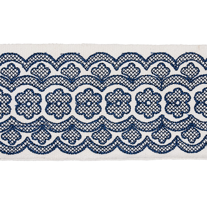 Schumacher Fabric Astrid Embroidered Tape Blue 80442 Fabric COTTON 100% INDIA </p><p>Repeat: H: HORZ. 2 1/2" (6CM), V: 0 3 - My Fabric Connection -