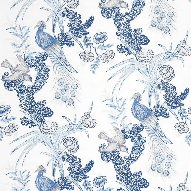 Schumacher Fabric Peacock Porcelain 175915 Fabric COTTON 100% THAILAND </p><p>Repeat: H: HORZ. 17 1/2" (44CM), V: VERT. 26" (66CM) 52 1/2" (133CM) - My Fabric Connection -