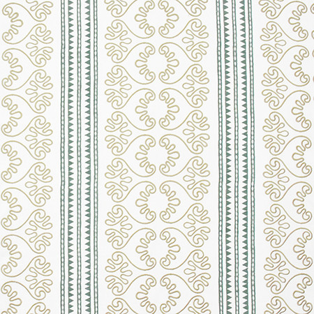 Carole Fabric Garden Paths Teal Artisan Base: 50% Poly, 50% Cotton. Embr: 60% Poly, 40% Cotton INDIA 3 3/4" V, 13 1/2" H 53.75" - My Fabric Connection -