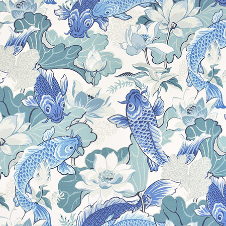 Playing Koi Nile Blue by Carole Designer Fabric Bluebell 100% Cotton-SSR Spain 51,000 Wyzenbeek Double Rubs 36" V, 27" H HD 54" - Swanky Fabrics -