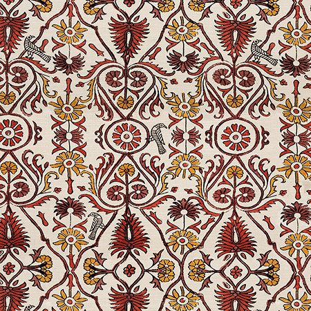 Bird Gathering Cinnabar by Carole Designer Fabric Dawn & Dusk 75% Cotton, 25% Linen Pakistan 27,000 WYZENBEEK DOUBLE RUBS 32" V, 27" H 54" - Swanky Fabrics -