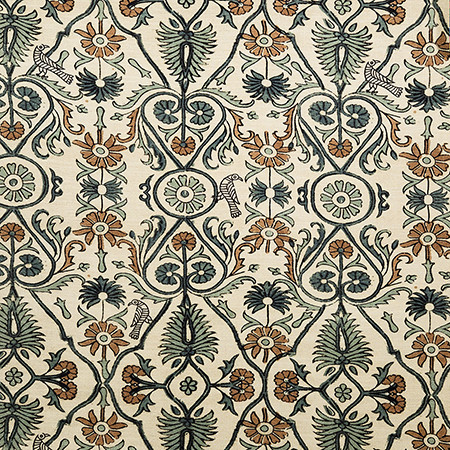 Carole Fabric Bird Gathering Silver Blue Dawn & Dusk 75% Cotton, 25% Linen Pakistan 32" V, 27" H 54" - My Fabric Connection -