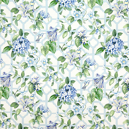 Bird Trellis Serene Sky by Carole Designer Fabric Dewdrop 100% Cotton Peru 25,000 WYZENBEEK DOUBLE RUBS 27" V, 13 1/2" H HD 54" - Swanky Fabrics -