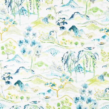 A Day Off Seafoam by Carole Designer Fabric Jade 100% Cotton Spain 30,000 Wyzenbeek Double Rubs 27" V, 13 1/2" H HD 54" - Swanky Fabrics -