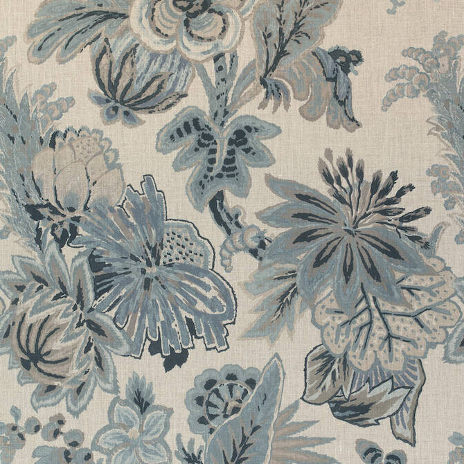 Thibaut Fabric Floral Gala Slate Blue and Flax F910214 Fabric 100% Linen ITALY - </p><p>Repeat: V: 32.75 54 - My Fabric Connection -