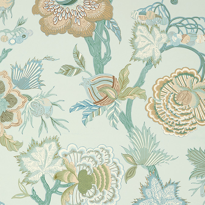 Thibaut Wallpaper Indienne Jacobean Seaglass and Gold T36417 Wallpaper Non Woven Wallpaper UNITED STATES - </p><p>Repeat: V: 48.5 27 - My Fabric Connection -