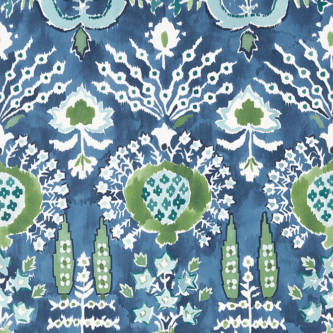 Thibaut Wallpaper Mendoza Suzani Blue and Green on Navy T16241 Wallpaper Non Woven Wallpaper U.S.A. - </p><p>Repeat: V: 36 27 - My Fabric Connection -
