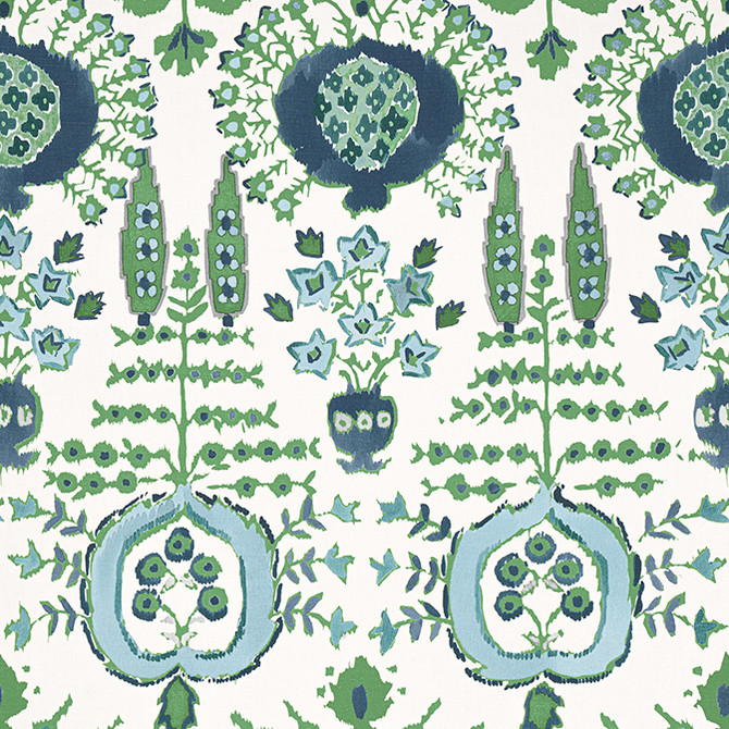 Thibaut Fabric Mendoza Suzani Blue and Green on White F916240 Fabric 52% Cotton, 48% Linen ITALY 18000 </p><p>Repeat: V: 34 54 - My Fabric Connection -