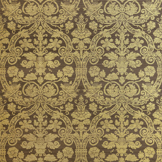 Thibaut Wallpaper Curtis Silk Damask Metallic Gold on Brown T1007 Wallpaper Silk Wallpaper KOREA - </p><p>Repeat: V: 18 36 - My Fabric Connection -