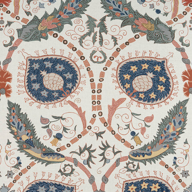 Thibaut Fabric Lewis Coral and Blue F913219 Fabric 60% Linen, 30% Cot, 10% Nylon THAILAND 20000 </p><p>Repeat: V: - 54 - My Fabric Connection -