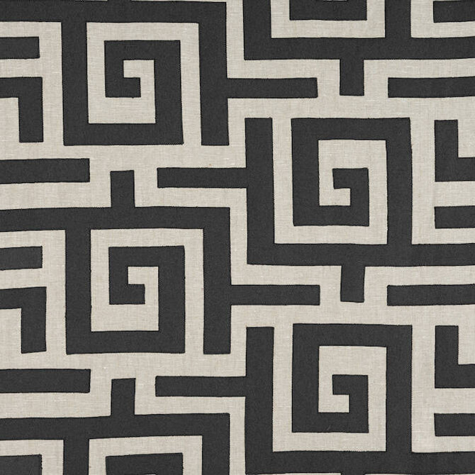 Thibaut Fabric Tulum Applique Black on Natural W713221 Fabric 61% Linen, 38% Wool, 1% Viscose INDIA - </p><p>Repeat: V: - 52 - My Fabric Connection -
