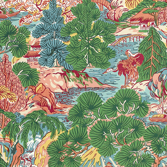 Thibaut Fabric Pagoda Trees Pink and Green F942026 Fabric 60% Linen, 30% Cot, 10% Nylon UNITED KINGDOM 20000 </p><p>Repeat: V: 34.5 54 - My Fabric Connection -
