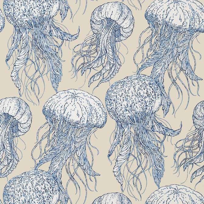 Thibaut Wallpaper Jelly Fish Bloom Blue and Beige T13168 Wallpaper Wallpaper U.S.A. - </p><p>Repeat: V: 25.25 27 - My Fabric Connection -