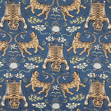 Carole Fabric Tiger Pack Denim Hidden Treasure 75% Cotton, 25% Linen-Stain Repellent Pakistan 25" V, 13 1/2" H HD 54.5" - My Fabric Connection -