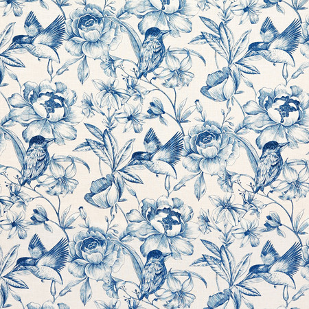 Carole Fabric Hidden Bird Indigo Oasis 55% Linen, 45% Viscose-Soil Repellent S Korea 25 3/4" V, 13 1/2" HD 54.75" - My Fabric Connection -