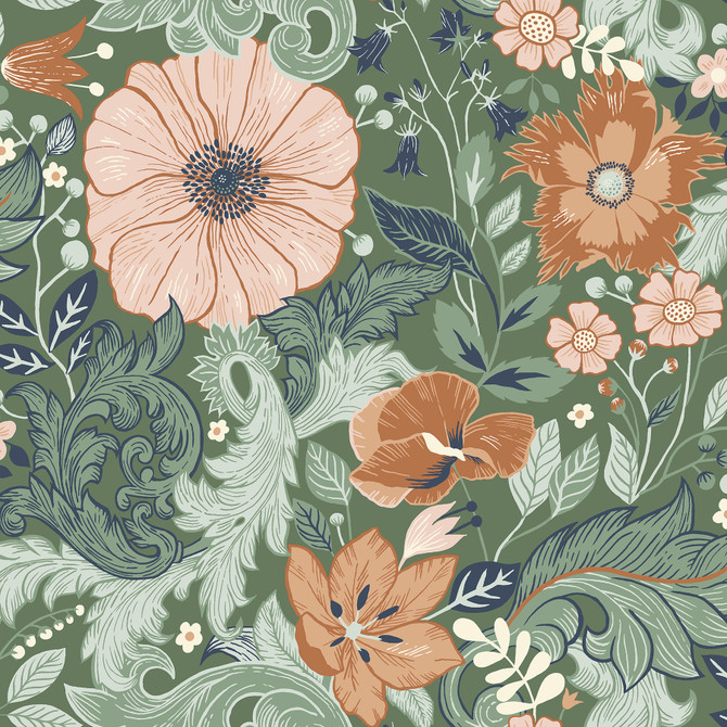 A-Street Prints Victoria Green Floral Nouveau Wallpaper Annelie Covers about 57.5 square feet Sweden Unpasted 20.9-in repeat, half drop match 20.9-in by 33-ft long roll - My Fabric Connection -