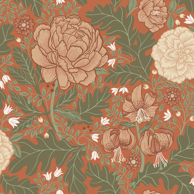 A-Street Prints Camille Red Peony & Lily Wallpaper Annelie Covers about 57.5 square feet Sweden Unpasted 20.9-in repeat, half drop match 20.9-in by 33-ft long roll - My Fabric Connection -