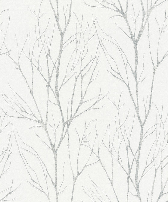 Advantage Diani White Metallic Tree Wallpaper Bali Covers about 57.8 square feet Germany Unpasted 25.2-in repeat, straight match 21-in by 33-ft long roll - My Fabric Connection -