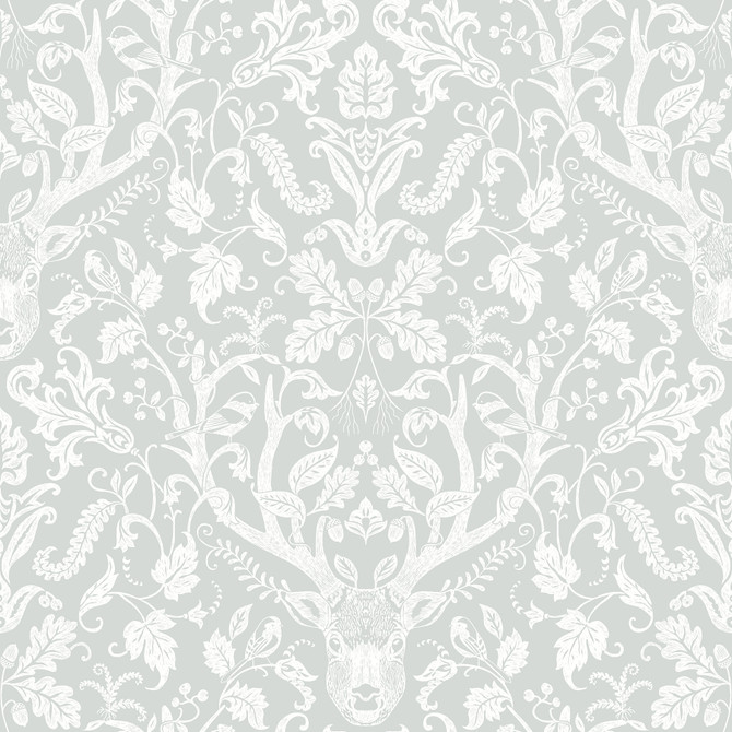 Chesapeake Kiwassa Grey Antler Damask Wallpaper Birch & Sparrow Covers about 56.4 square feet United States Prepasted 20.5-in repeat, straight match 20.5-in by 33-ft long roll - My Fabric Connection -