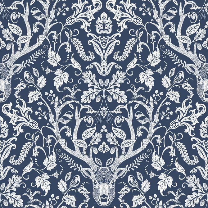 Chesapeake Kiwassa Navy Antler Damask Wallpaper Birch & Sparrow Covers about 56.4 square feet United States Prepasted 20.5-in repeat, straight match 20.5-in by 33-ft long roll - My Fabric Connection -