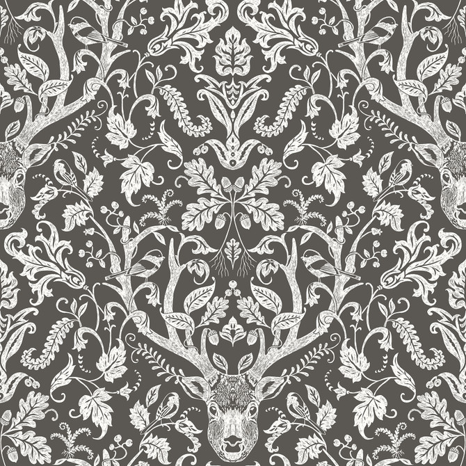 Chesapeake Kiwassa Brown Antler Damask Wallpaper Birch & Sparrow Covers about 56.4 square feet United States Prepasted 20.5-in repeat, straight match 20.5-in by 33-ft long roll - My Fabric Connection -