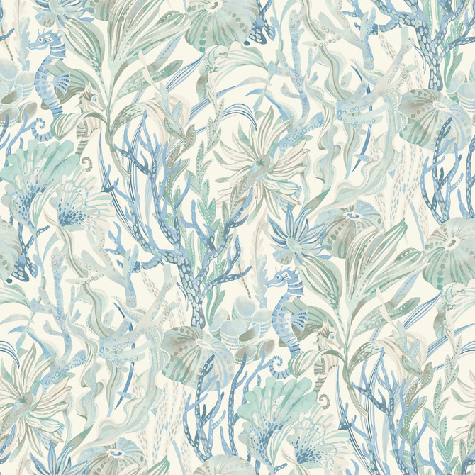 Chesapeake Kelp Garden Light Blue Tropical Reef Wallpaper Blue Heron Covers about 56.4 square feet United States Prepasted 20.5-in repeat, straight match 20.5-in by 33-ft long roll - My Fabric Connection -