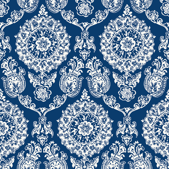 Chesapeake Helm Damask Navy Floral Medallion Wallpaper Blue Heron Covers about 56.4 square feet United States Prepasted 20.5-in repeat, straight match 20.5-in by 33-ft long roll - My Fabric Connection -