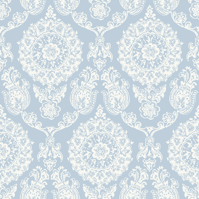 Chesapeake Helm Damask Light Blue Floral Medallion Wallpaper Blue Heron Covers about 56.4 square feet United States Prepasted 20.5-in repeat, straight match 20.5-in by 33-ft long roll - My Fabric Connection -