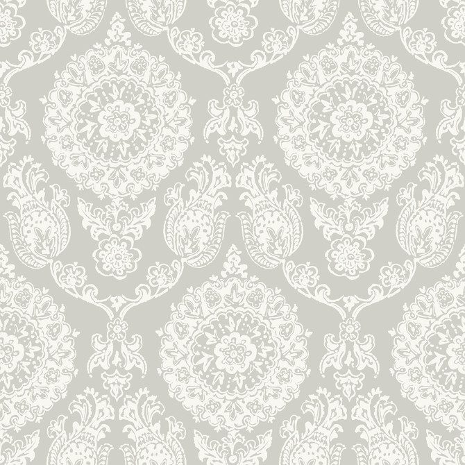 Chesapeake Helm Damask Taupe Floral Medallion Wallpaper Blue Heron Covers about 56.4 square feet United States Prepasted 20.5-in repeat, straight match 20.5-in by 33-ft long roll - My Fabric Connection -