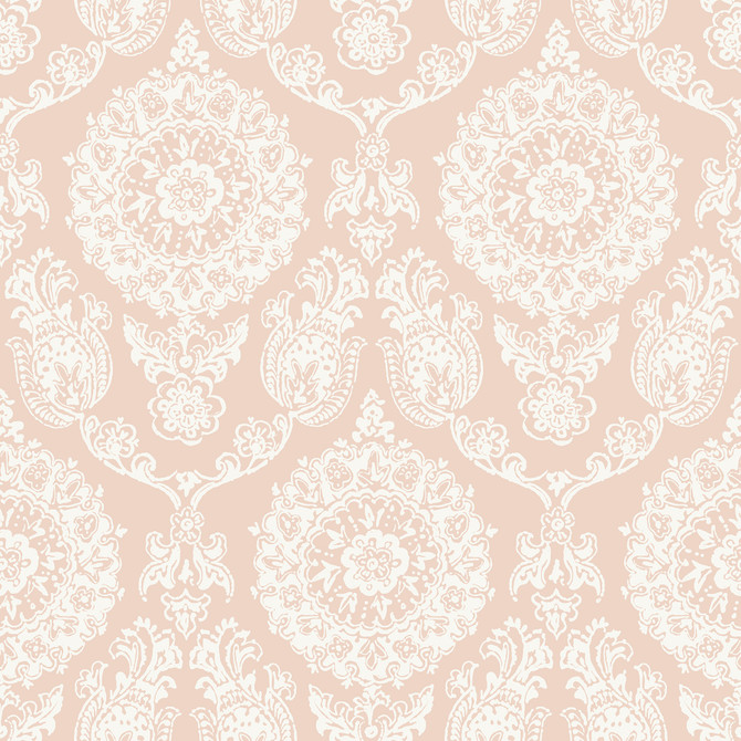 Chesapeake Helm Damask Blush Floral Medallion Wallpaper Blue Heron Covers about 56.4 square feet United States Prepasted 20.5-in repeat, straight match 20.5-in by 33-ft long roll - My Fabric Connection -
