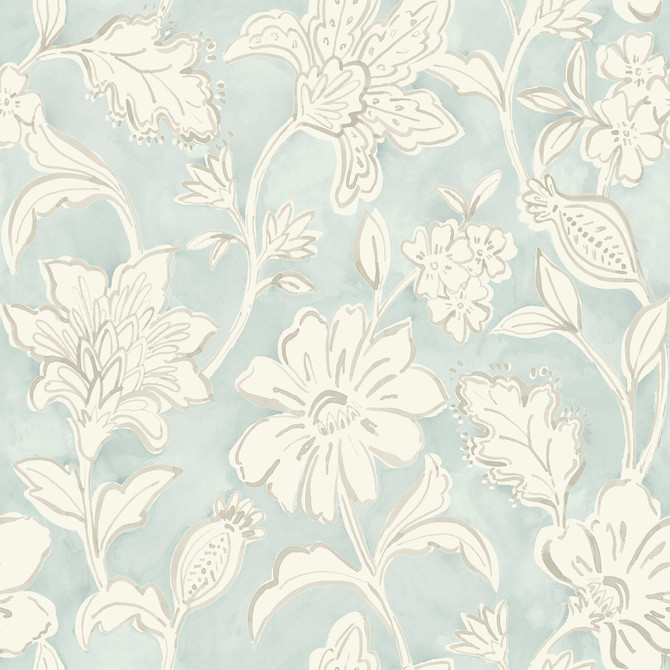 Chesapeake Plumeria Aqua Floral Trail Wallpaper Blue Heron Covers about 56.4 square feet United States Prepasted 20.5-in repeat, straight match 20.5-in by 33-ft long roll - My Fabric Connection -