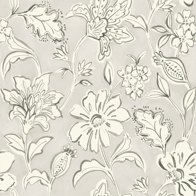 Chesapeake Plumeria Grey Floral Trail Wallpaper Blue Heron Covers about 56.4 square feet United States Prepasted 20.5-in repeat, straight match 20.5-in by 33-ft long roll - My Fabric Connection -