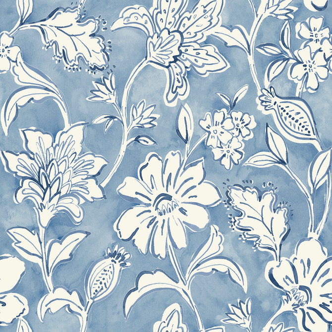 Chesapeake Plumeria Blue Floral Trail Wallpaper Blue Heron Covers about 56.4 square feet United States Prepasted 20.5-in repeat, straight match 20.5-in by 33-ft long roll - My Fabric Connection -