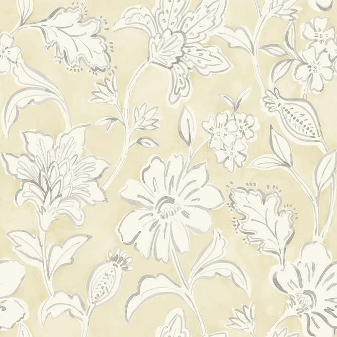 Chesapeake Plumeria Yellow Floral Trail Wallpaper Blue Heron Covers about 56.4 square feet United States Prepasted 20.5-in repeat, straight match 20.5-in by 33-ft long roll - My Fabric Connection -