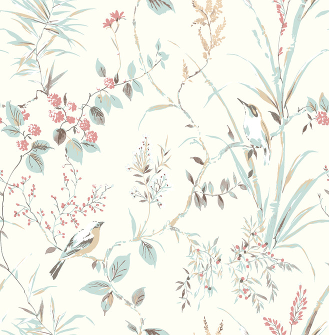 Brewster Mariko Blue Botanical Wallpaper Brewster Essentials Covers about 56.4 square feet Great Britain Unpasted 20.9-in repeat, straight match 20.5-in by 33-ft long roll - My Fabric Connection -