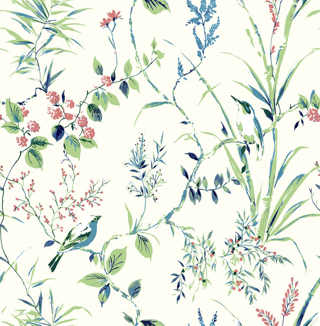 Brewster Mariko Green Botanical Wallpaper Brewster Essentials Covers about 56.4 square feet Great Britain Unpasted 20.9-in repeat, straight match 20.5-in by 33-ft long roll - My Fabric Connection -