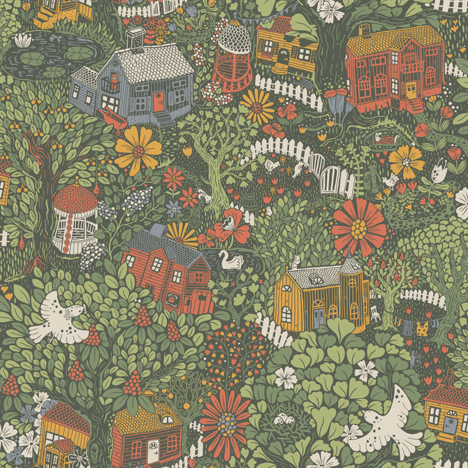 A-Street Prints Bygga Bo Green Woodland Village Wallpaper Briony Covers about 57.5 square feet Sweden Unpasted 20.9-in repeat, half drop match 20.9-in by 33-ft long roll - My Fabric Connection -