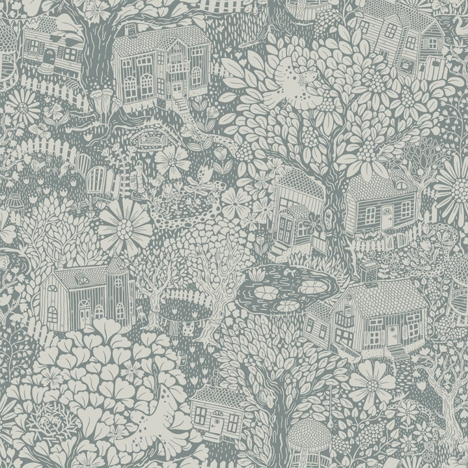 A-Street Prints Bygga Bo Blue Woodland Village Wallpaper Briony Covers about 57.5 square feet Sweden Unpasted 20.9-in repeat, half drop match 20.9-in by 33-ft long roll - My Fabric Connection -