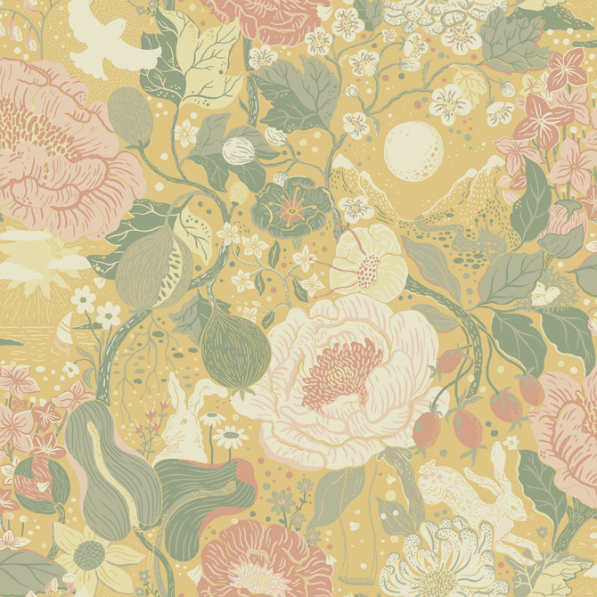 A-Street Prints Växa Butter Rabbits & Rosehips Wallpaper Briony Covers about 57.5 square feet Sweden Unpasted 20.9-in repeat, half drop match 20.9-in by 33-ft long roll - My Fabric Connection -
